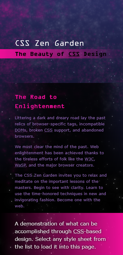 400 by 830 screenshot representing mobile rendering of CSS Zen Garden project.